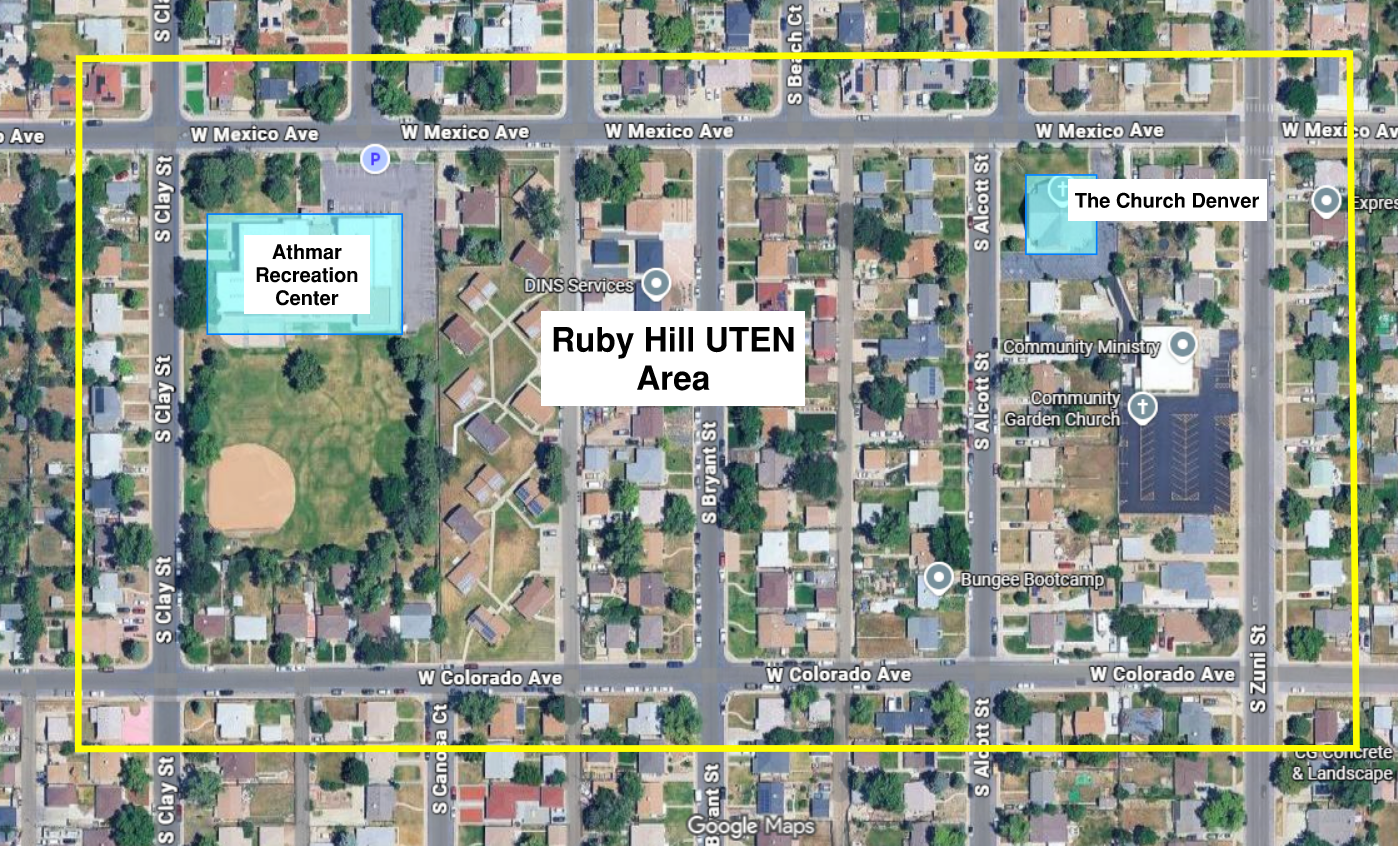 Map of the Ruby Hill UTEN Area encompassing the blocks from West Mexico Avenue to West Colorado Avenue and South Clay Street to South Zuni Street.